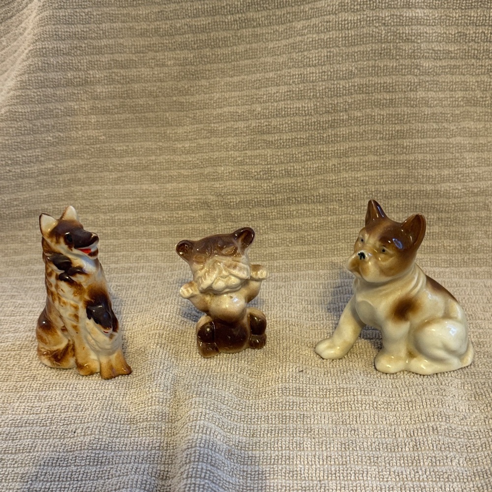 Set of Three vintage porcelain Dog Figurines made in Japan